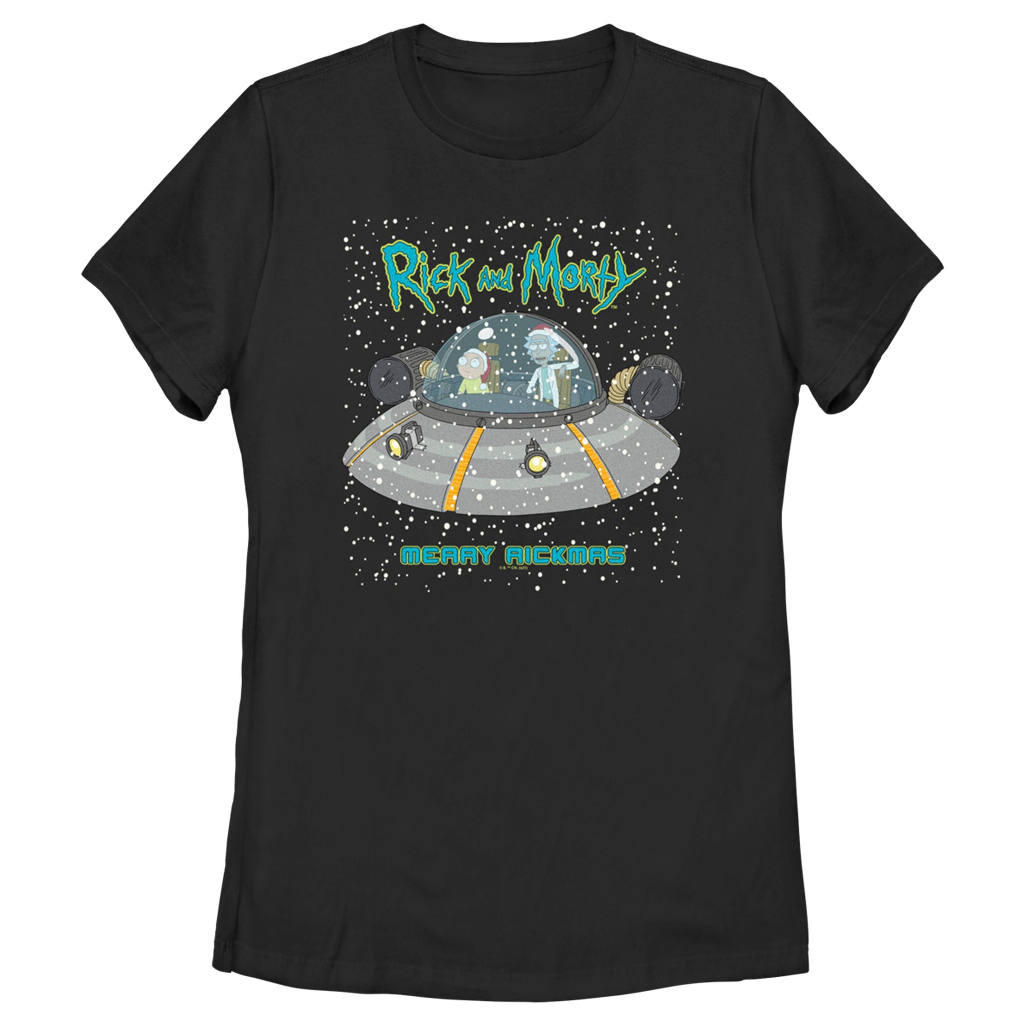 Women’S Rick And Morty Snowing Spaceship Merry Rickmas T-Shirt