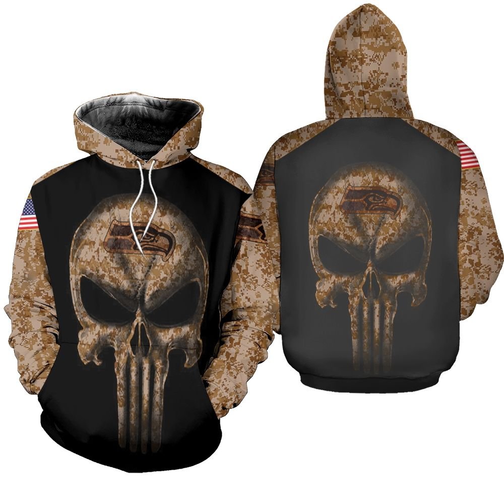 Camouflage Skull Seattle Seahawks American Flag Hoodie