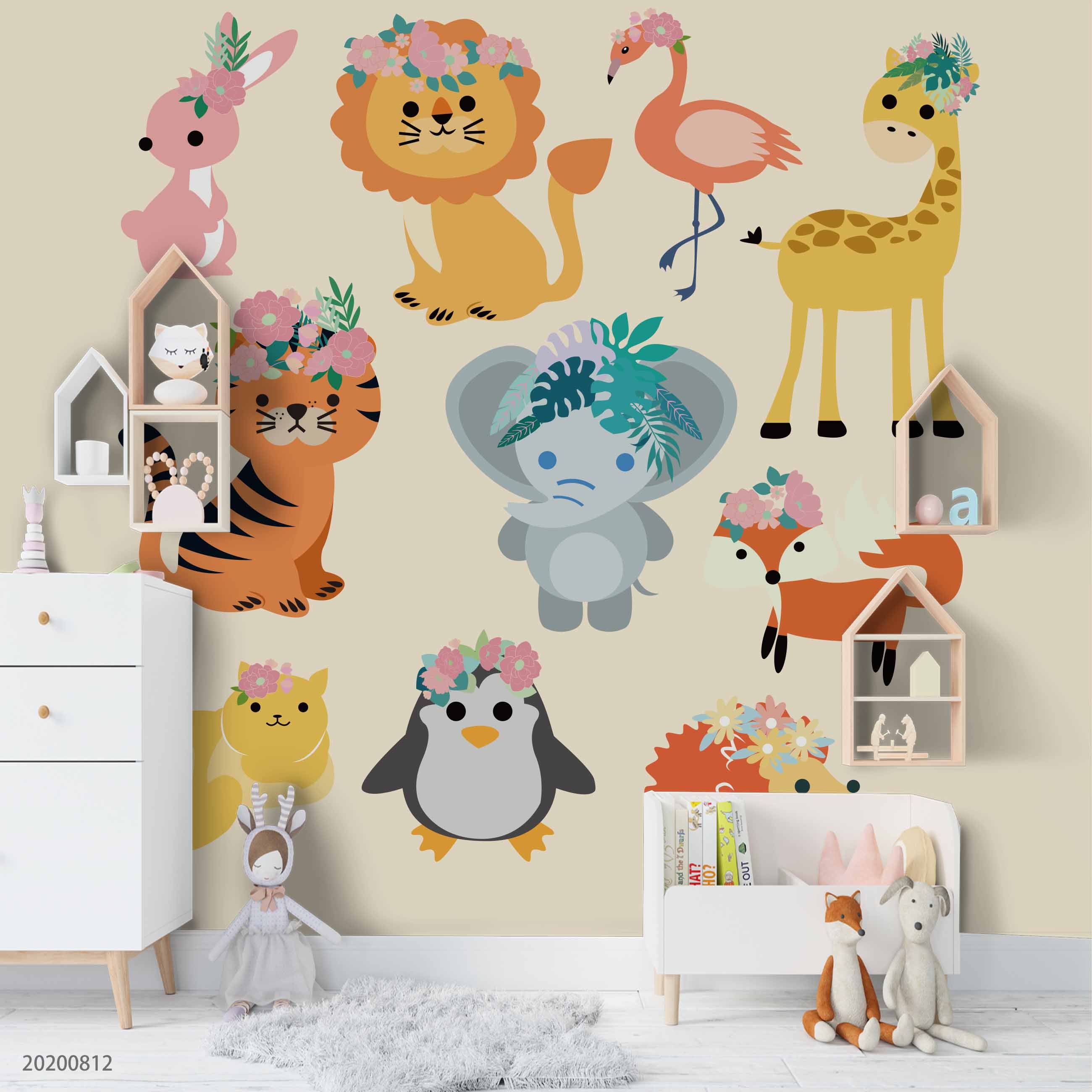 3D Cartoon Colorful Floral Animal Wall Mural Wallpaper Lxl 1130