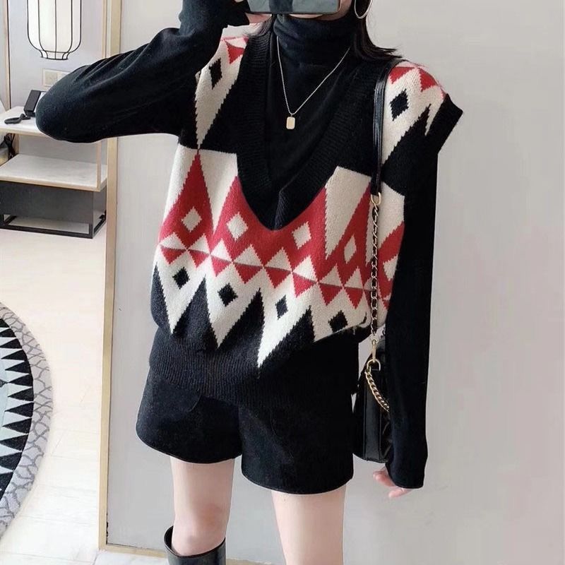 V-neck Loose Knit Pullovers Vest Women Plaid Sleeveless Sweater Thick Vintage Sweater Suits Female Waistcoat Chic Tops Outerwear alx