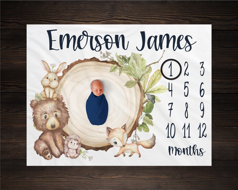 Woodland Milestone Blanket, Personalized Milestone Blanket, Month Blanket, Forrest Baby Blanket New Baby Growth Photo Prop , Baby Shower Gift