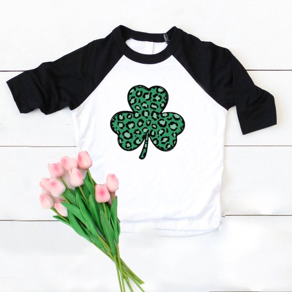 Shamrock Leopard Raglan Kids St Patricks Shirt – Gst