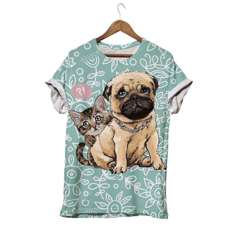 Little Kitten Hiding Behind Pug Dog T-shirt