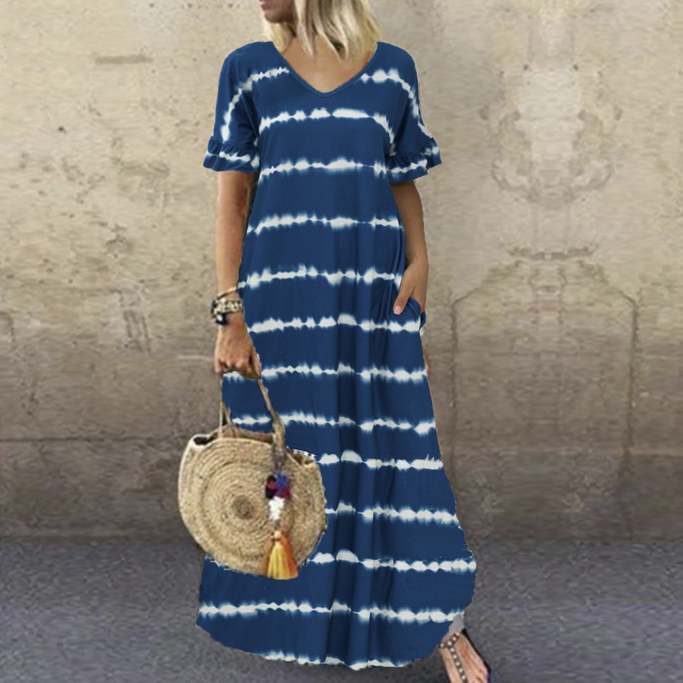 Summer Irregular Stripe Платье  Maxi Dress For Fashion Women Dresses 2020 pocket Sexy Long Tie dye print Dress 5xl Women Robe alx