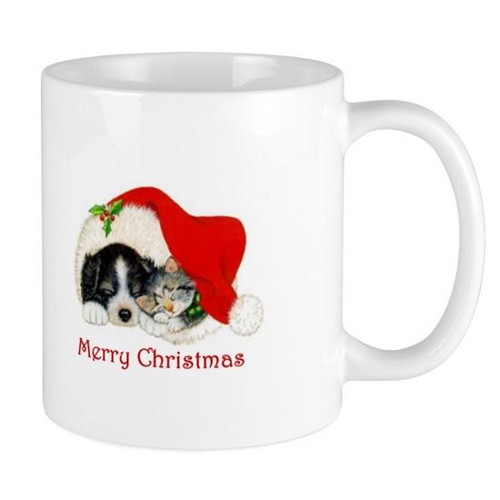 Christmas Border Collie Puppy And Kitten Mug