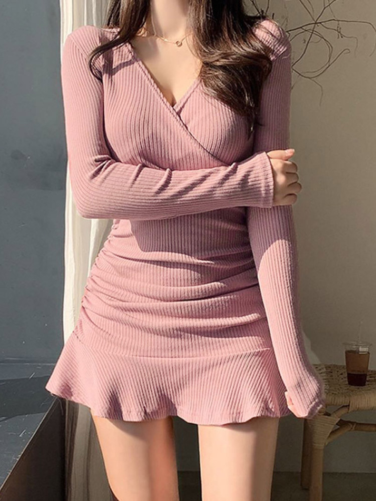 Black Knitted Ribbed Midi Dresses For Women V Neck Elegant Korean Clothes Long Sleeve Ruffles Bodycon Dresses Autumn alx