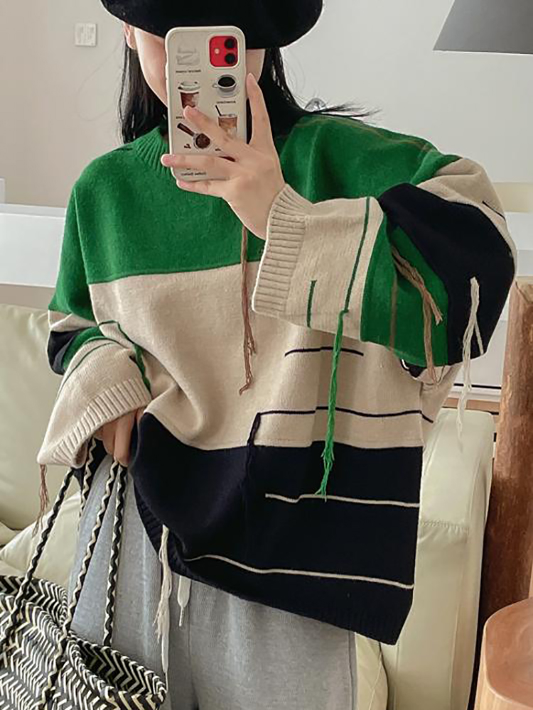 Women Sweater Elegant Pullover Green Striped Knitted Women’s Clothing Winter 2022 Long Sleeve Top Jumpers Female Loose Sweaters alx