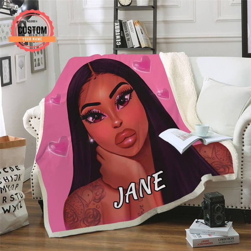 Pink Heart Elegant Black Girl Custom Name Plush Fleece Blanket