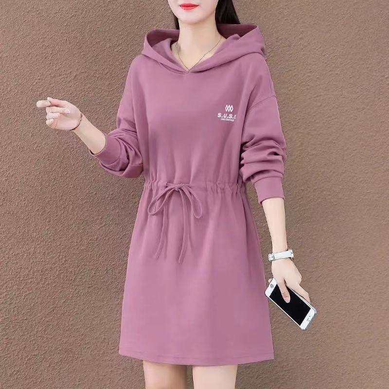 Autumn Winter Casual Fashion Letter Print Hoodies Dress Women Long Sleeve Drawstring Waist Vestidos Ladies Loose Trend Dresses alx