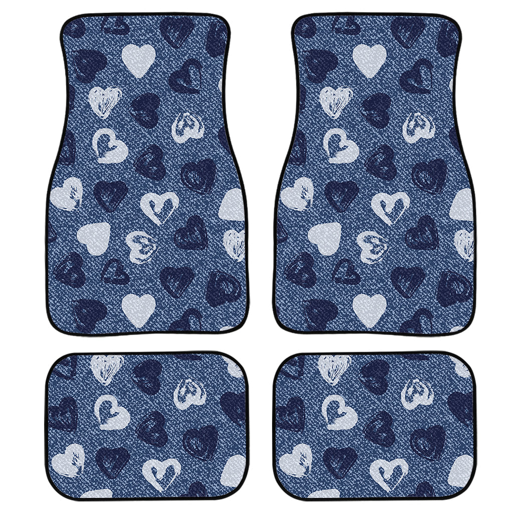 Heart Denim Jeans Pattern Print Front And Back Car Floor Mats, Front Car Mat