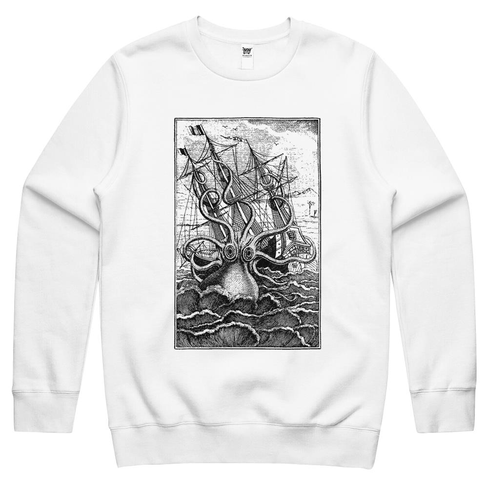 Vintage Kraken Attacking Ship Illustration Crewneck Sweatshirt