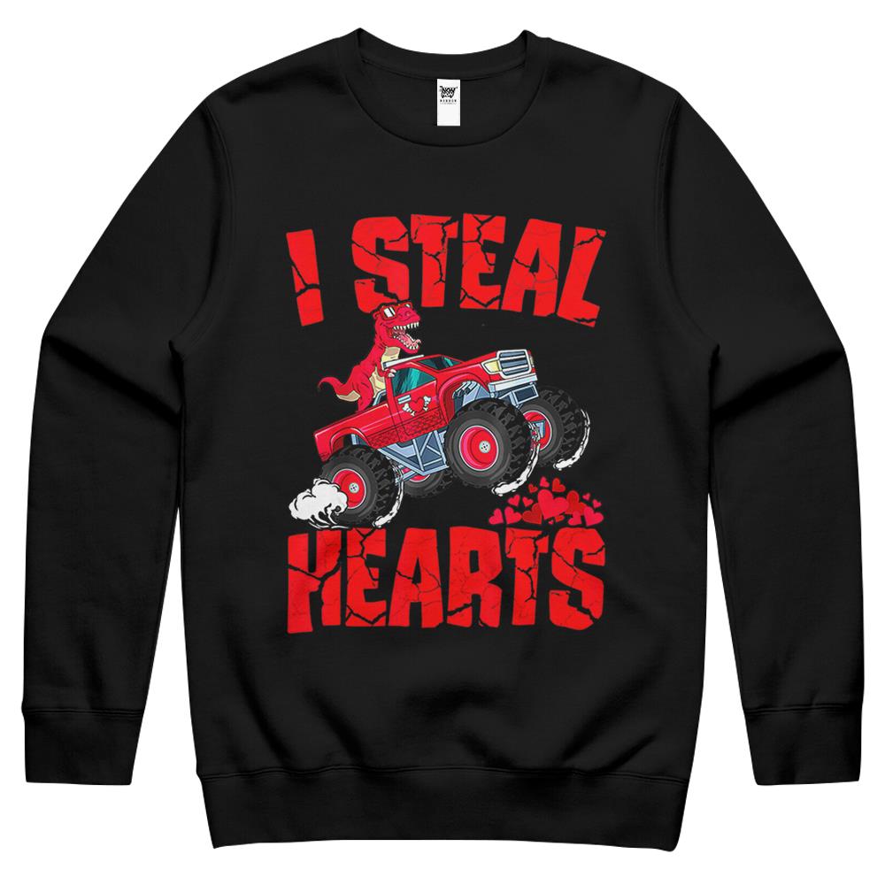 Dinosaur Ridding Truck I Steal Hearts Valentines Day Boys Crewneck Sweatshirt