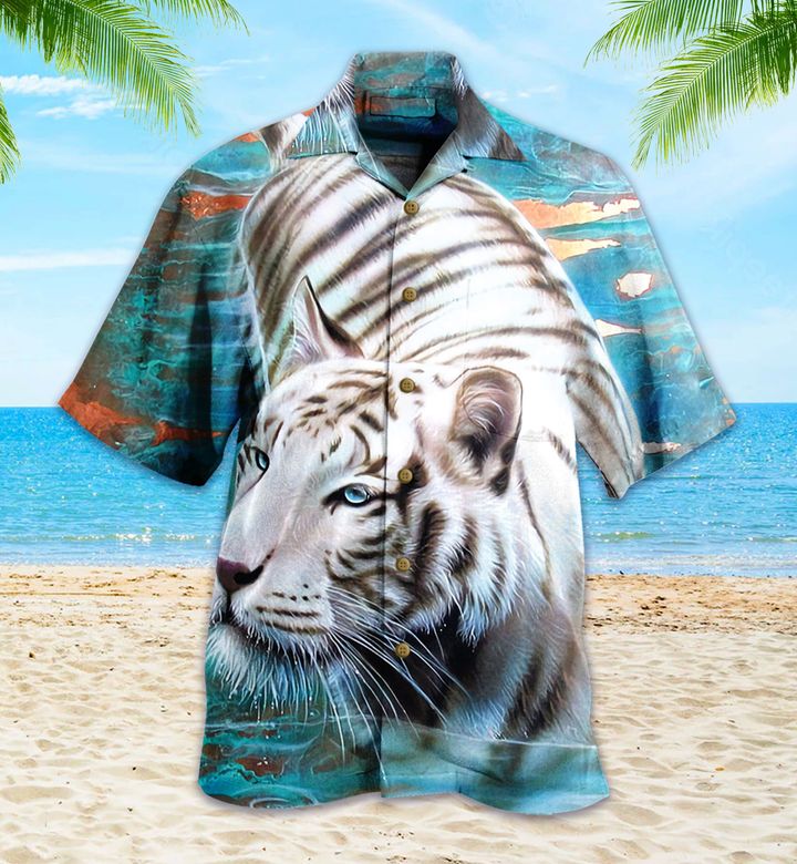 White Tiger Blue Hawaiian Shirt 3D