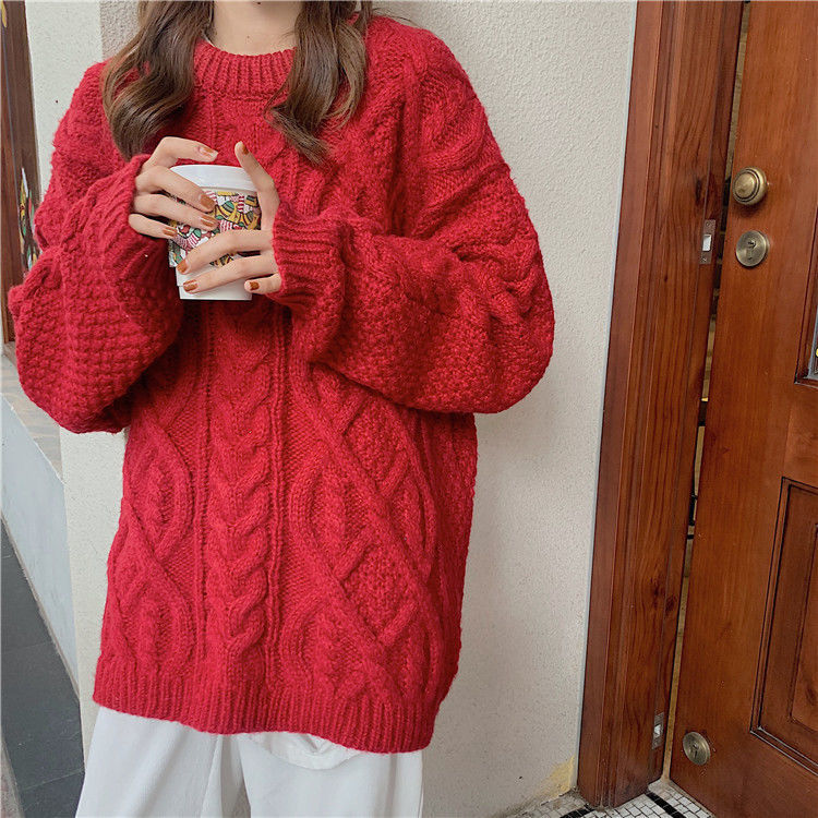 Woman Sweaters Chandails Autumn Red Cable-Knit Sweater Women’s Loose Outer Wear Long Sleeve Pullover Knitted Top alx