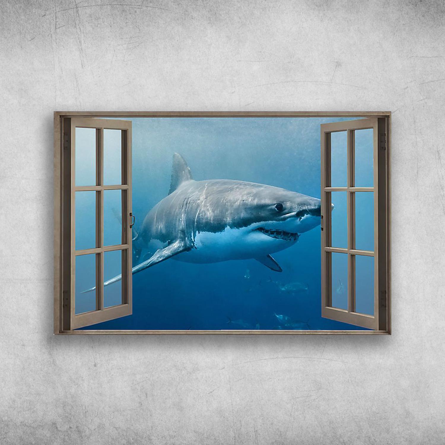 Big Shark Outside The Window Poster Print Wall Art Canvas Wall Decor