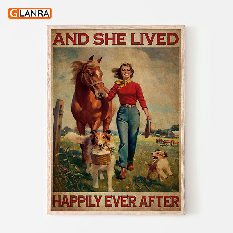 And She Lived Happily Ever After Poster/Canvas, Vintage Horse Girl Poster, Animal Lover Poster, Bedroom Wall Decor