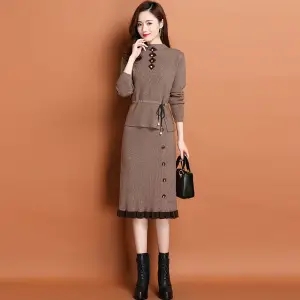 Women Office Knitted Skirt Suit 2020 Autumn Solid Color Lady High Quality Sweater Top + Ruffles Midi Skirts Sets Two Pieces Set alx