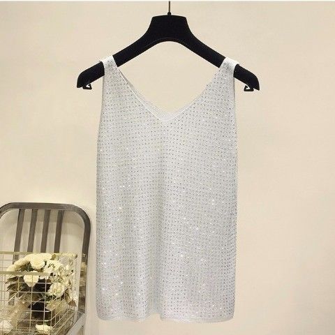 2022 Spring Autumn Version Inlay Rhinestone Suspender Girl Vest Women V-neck Bottomed Fashion Shirt Lady Knitted Vest Pink alx