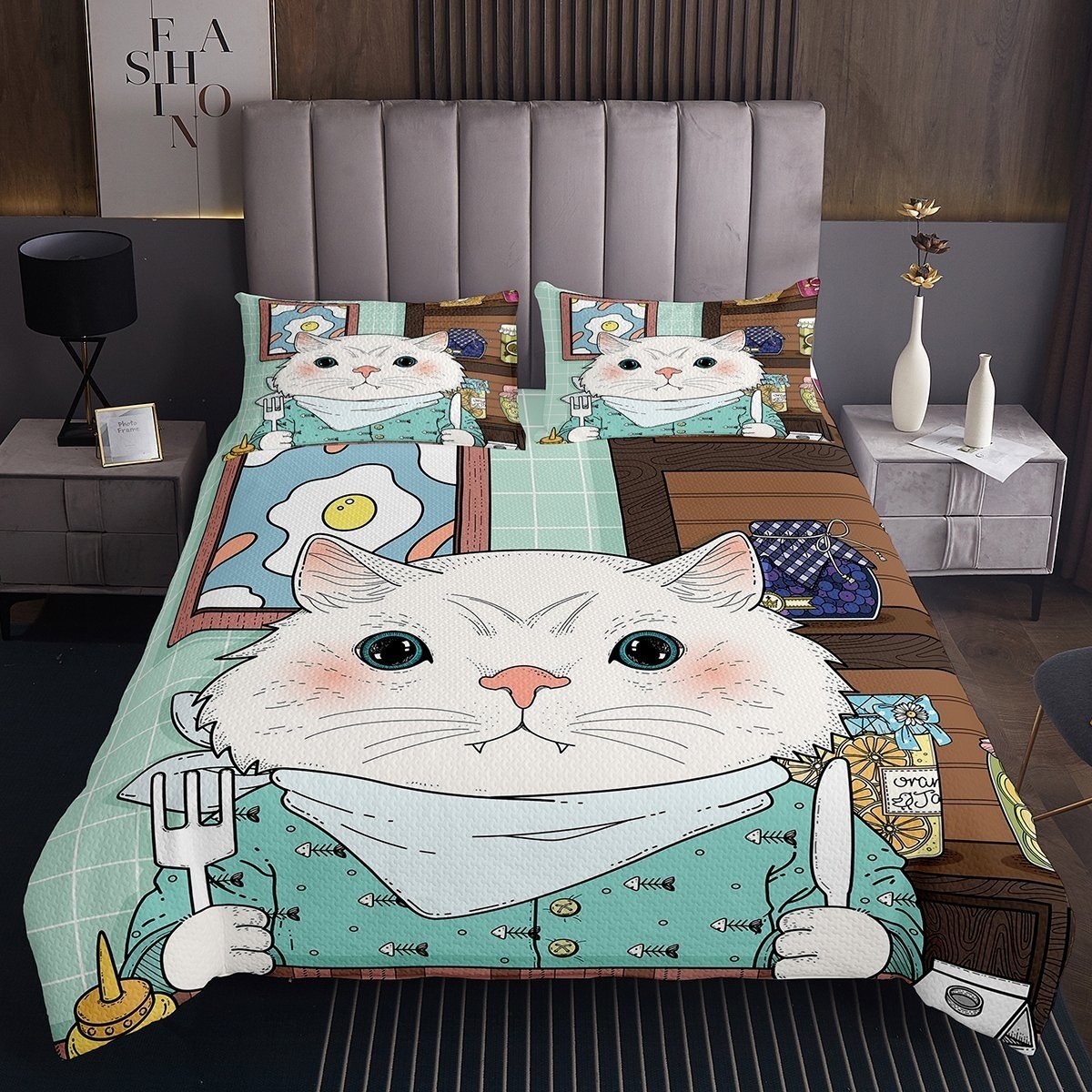 White Cat Coverlet Set Eatting Breakfast Bedspread For Kids Boys Girls Cartoon Pet Animal Quilt Child Room Decor Brown Teal