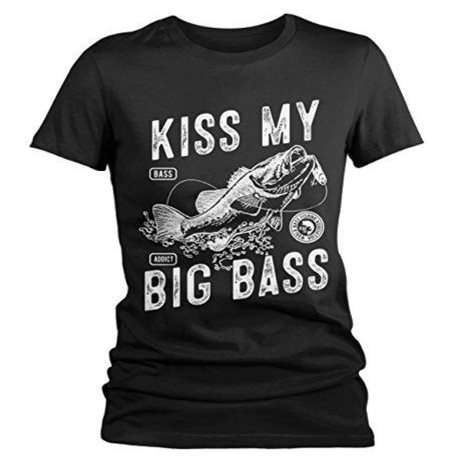 Women’s Funny Fishing T-Shirt Kiss My Big Bass Vintage Fisherman Offensive Shirt