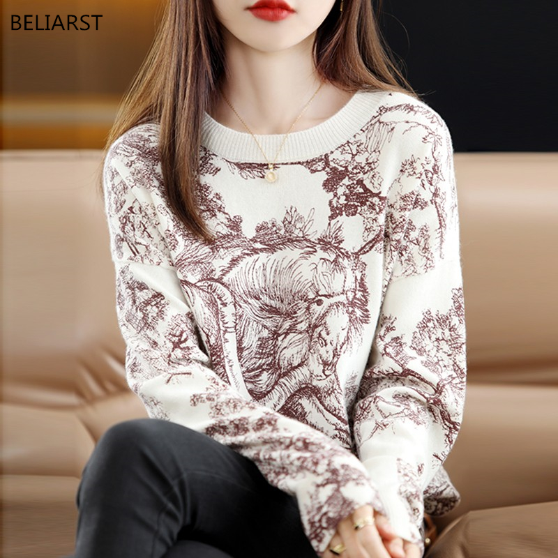 BELIARST New Sweater Spring /Autumn Women’s Round neck Pullover Casual Knitted Printed Tops Korean Fashion Jacket alx