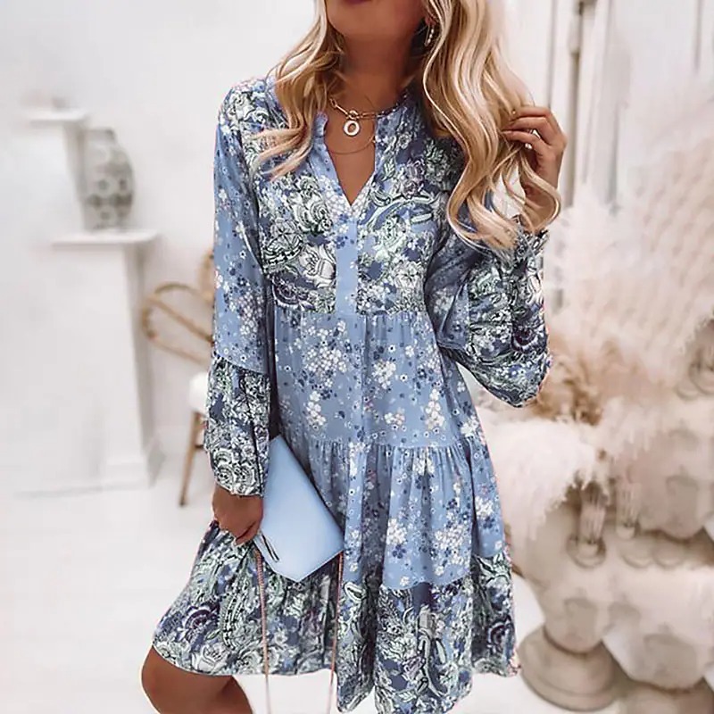 Spring Dress Women Vintage Floral Fashion Flared Loose Sleeve V Neck Pleated Mini Dress Women Elegant Party Beach Dress alx