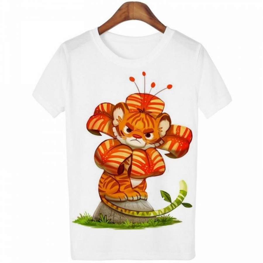 Plus Size Women Summer Casual Tiger T-Shirts Student Short Sleeves Cute Cartoon Print Tees