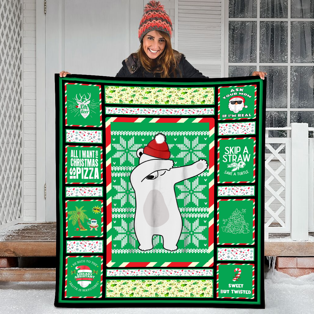 Ugly Christmas  Dabbing Polar Bear Dab- Green Color Fleece Blanket Small Medium Large X-Large