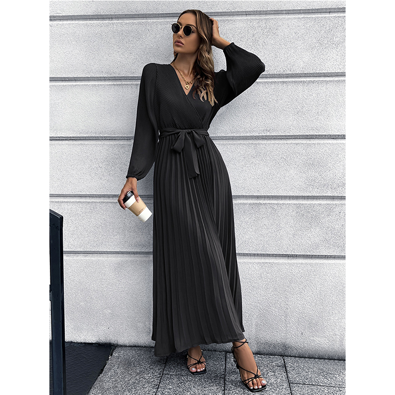 2022 New Spring Autumn Lady Women Belt Pleated Skirt Womens V-Neck Long Sleeve Slim High Quality Commuter Dress Clothes alx