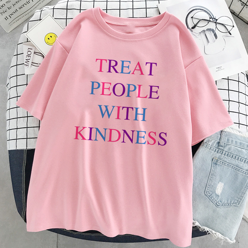 Women’s T-Shirts Treat People With Kindness Fashion Long Sleeve Tshirt Korean Simple Oversized Graphic Tees Leisure Pink T Shirt alx