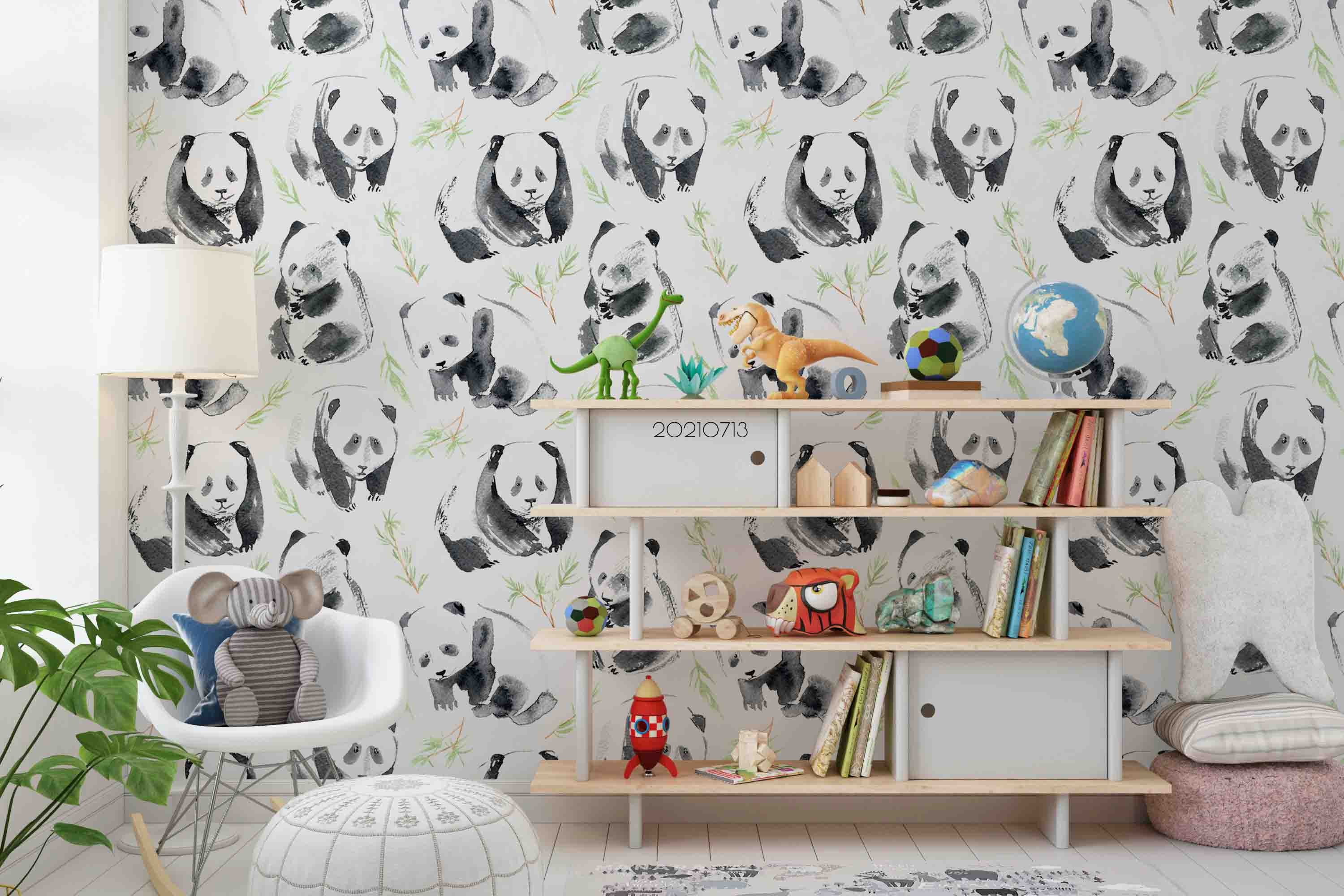 3D Cartoon Animal Panda Leaf Wall Mural Wallpaper Lqh 167