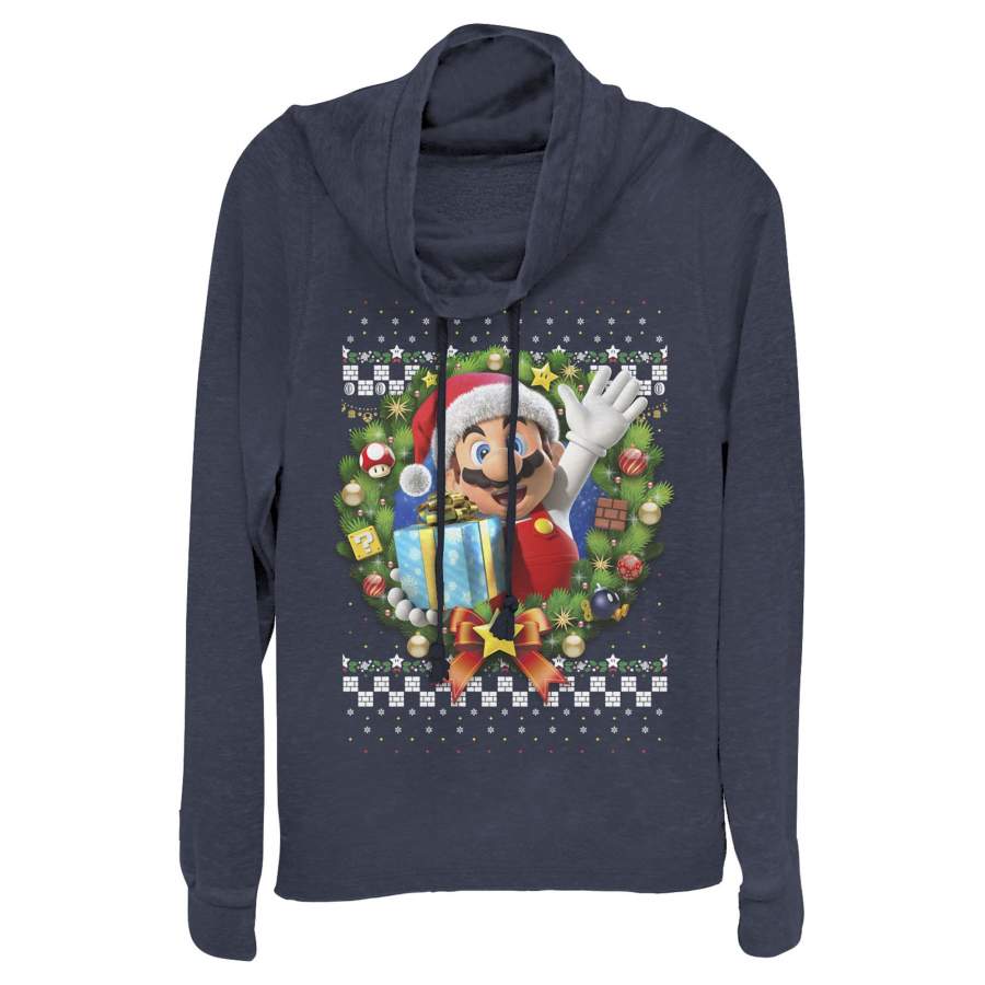 Nintendo Junior’s Ugly Christmas Mario Wreath  Cowl Neck Sweatshirt