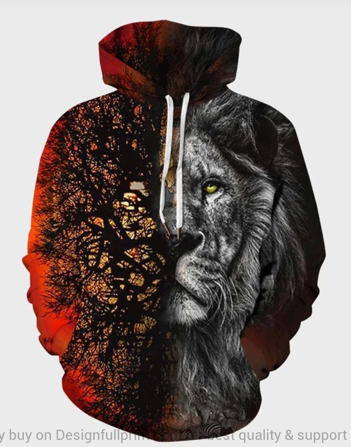 Lion And Tree Print Drawstring Hoodie Lion Art Lion Hoodie Pa