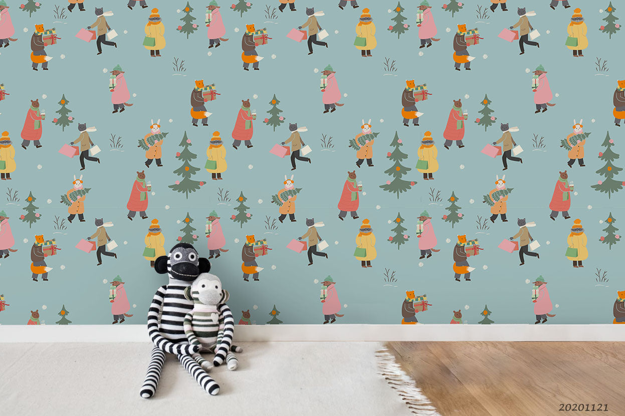 3D Cartoon Hand Drawn Fir Tree Fox Bunny Bear Animal Wall Mural Wallpaper Lxl