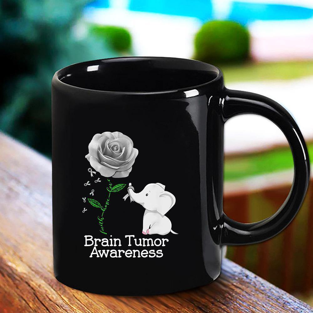 Brain Tumor Awareness Cute Elephant Faith Hope Love Elephant Brain Tumor Awareness Rose Black Mug