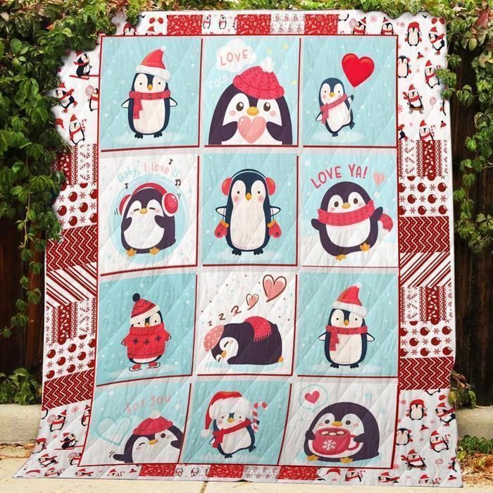 Chubby Penguin Christmas Love ya! Quilt Blanket