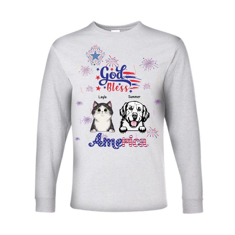 (Custom Personalised) 4Th Of July – God Bless Usa Long Sleeve Shirt Pets With Fireworks – White Lt8