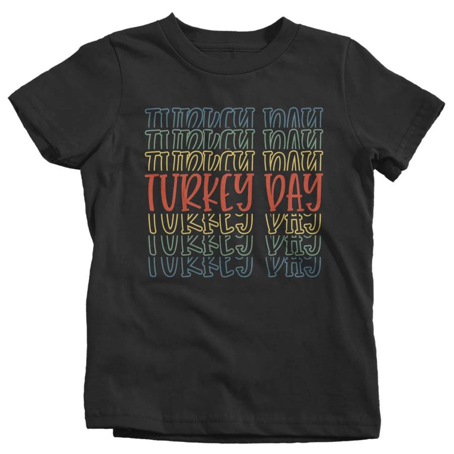 Kids Cute Thanksgiving T Shirt Turkey Day Shirt Fun Stacked Font Mirror Text Retro Tshirt Vintage Thanksgiving T-Shirt