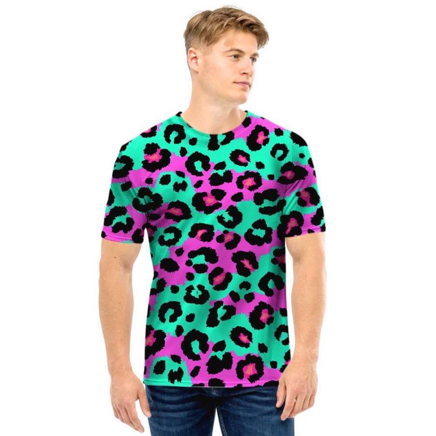 Teal Pink Leopard Men T Shirt