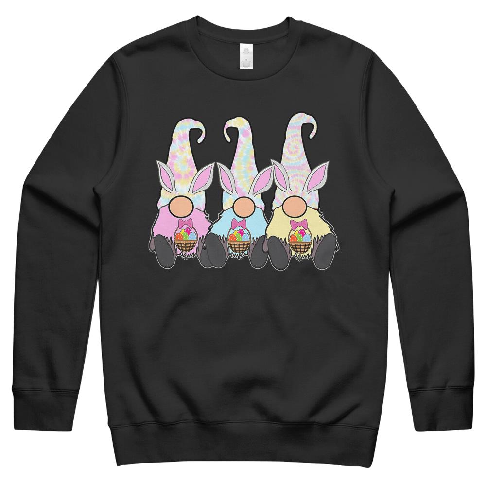 3 Hippie Easter Gnomes Pastel Tie Dye Hats Bunny Ears Crewneck Sweatshirt