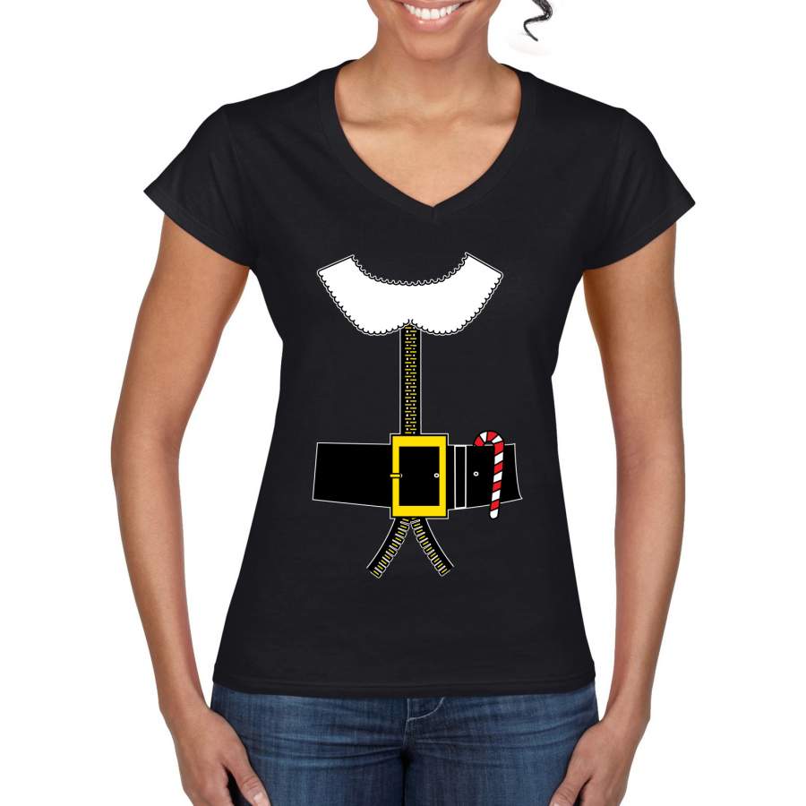 Santa Suit with Beard Belt Candy Cane Christmas Womens V-Neck Tee