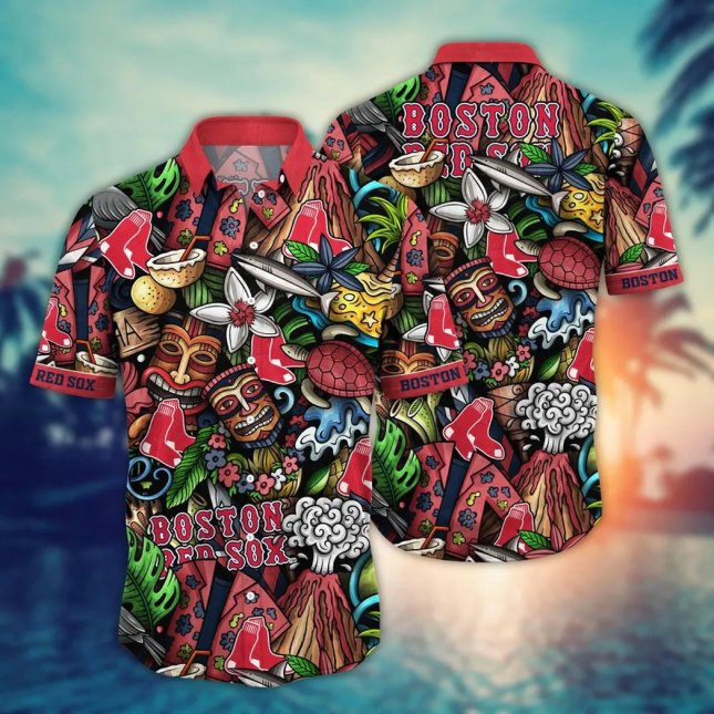 Boston Red Sox Hawaiian Shirt  Tiki Jungle Print