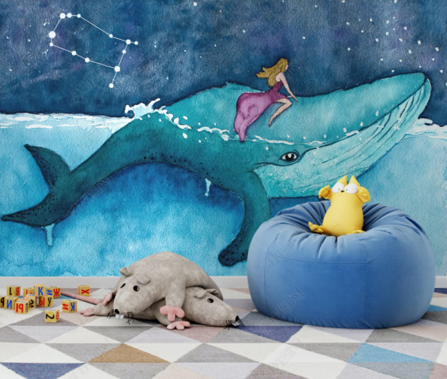 3D Watercolor Animal Whale Girl Stars Blue Wall Mural Wallpaper Lll 2583