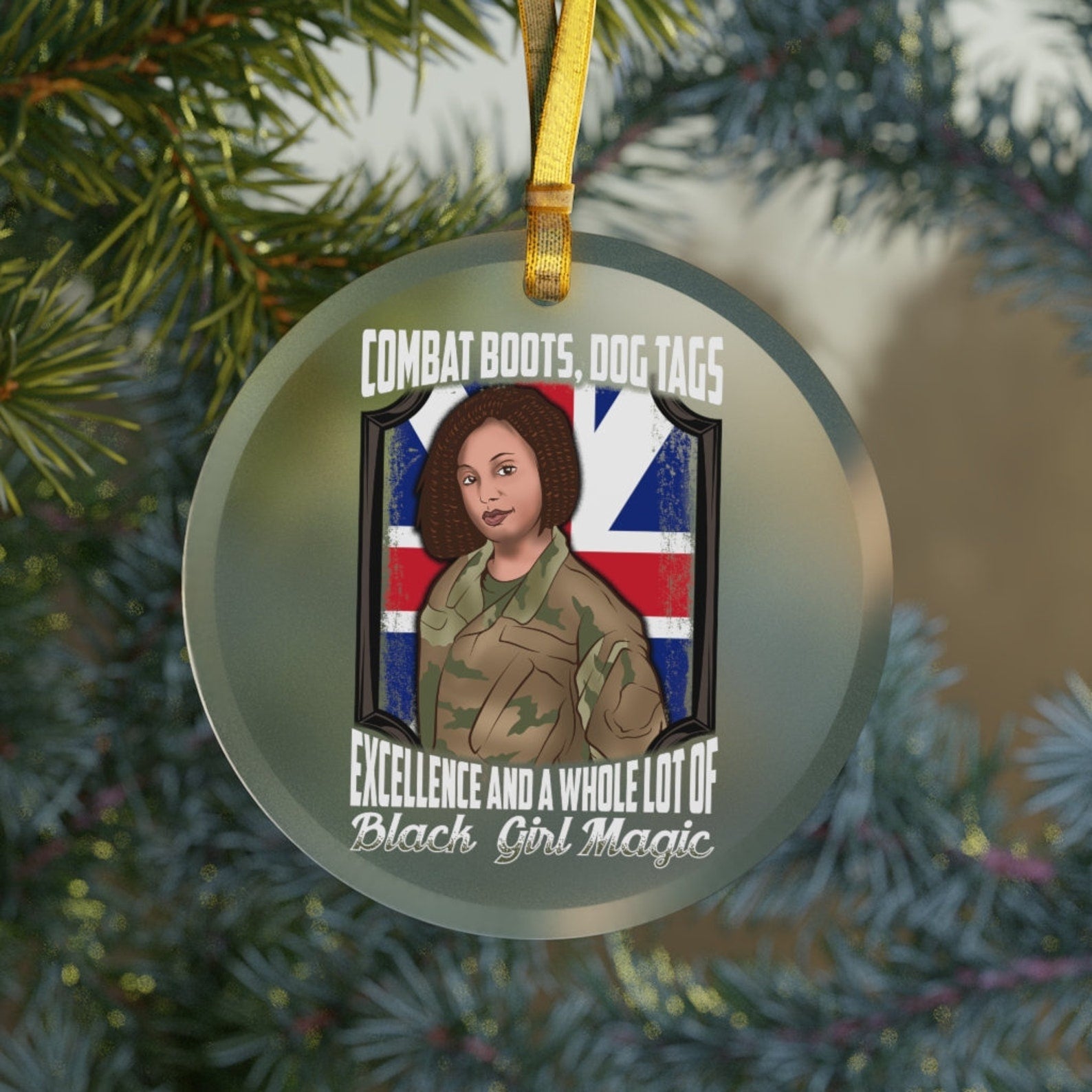 Uk Black Woman Veteran Black Girl Soldier Military Holiday Gift London Jack Flag British England Christmas Ornament