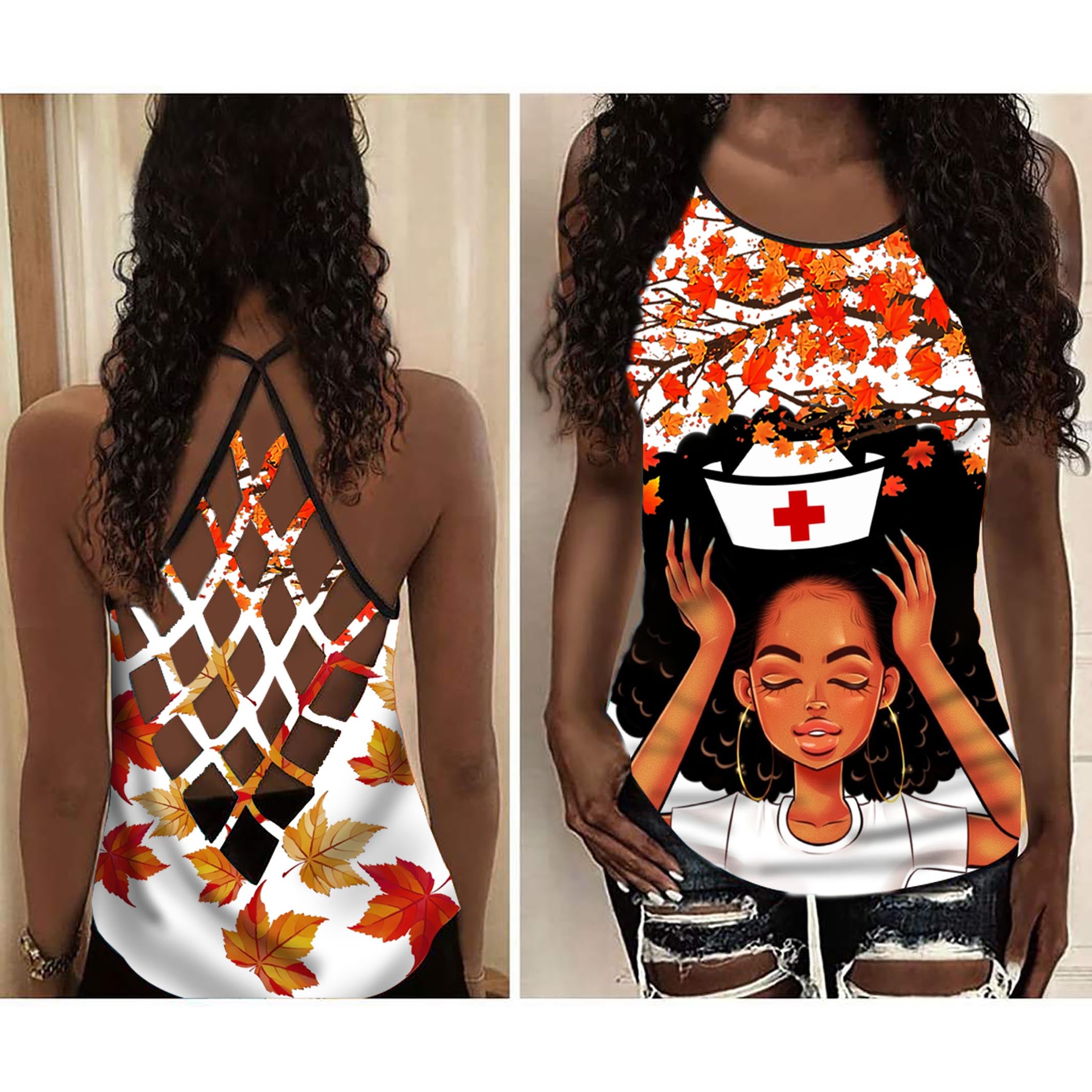 African America Queen Nurse Tank Top Thanksgiving Day Shirt Black Women – Autumn Cross Open Back Camisole Tank