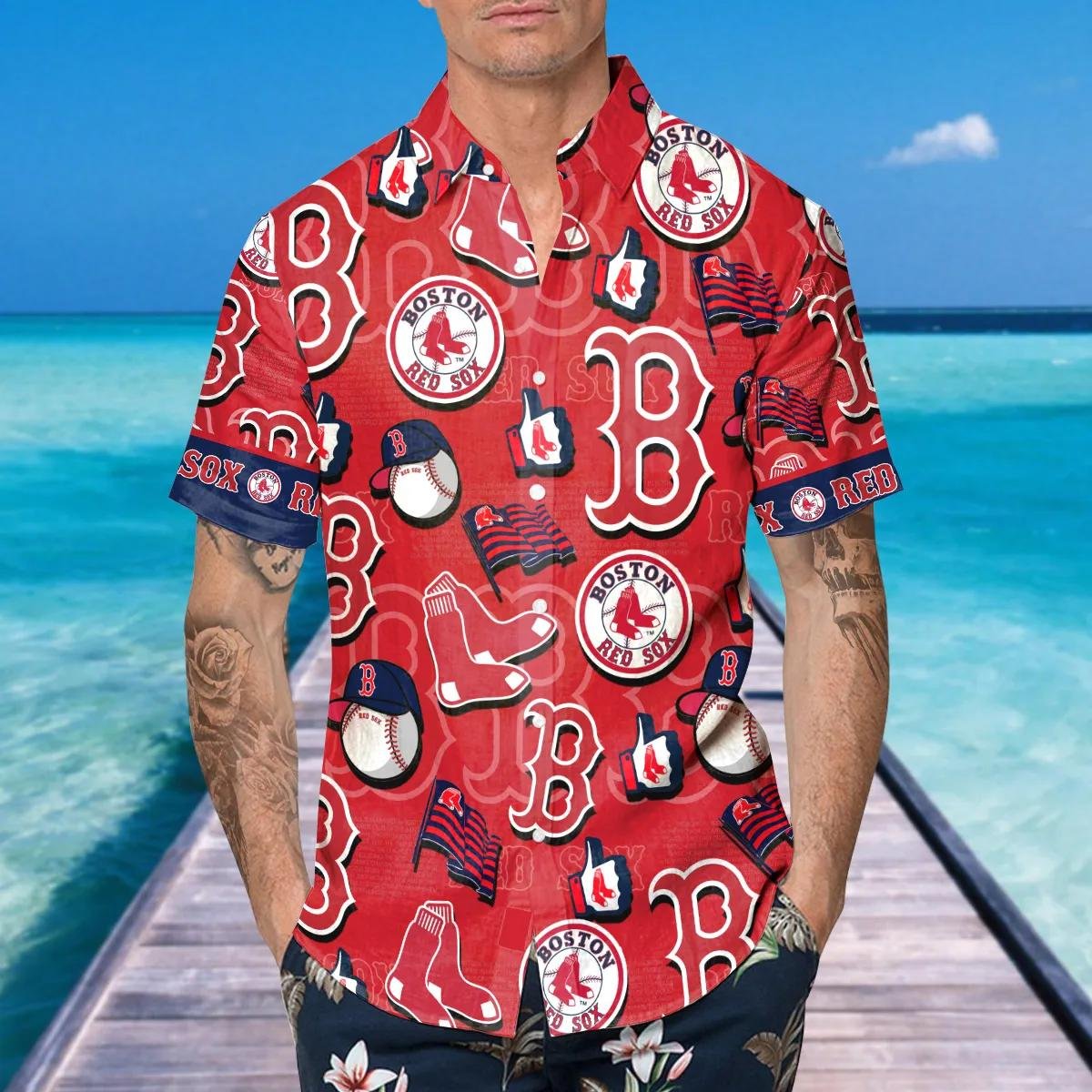 Boston Red Sox Logo Hawaiian Shirt  Classic Collage Design