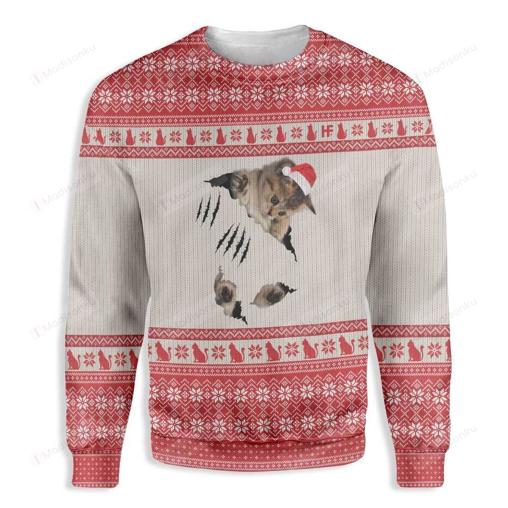 Cat Scratch White Red Ugly Christmas Sweater, All Over Print Sweatshirt