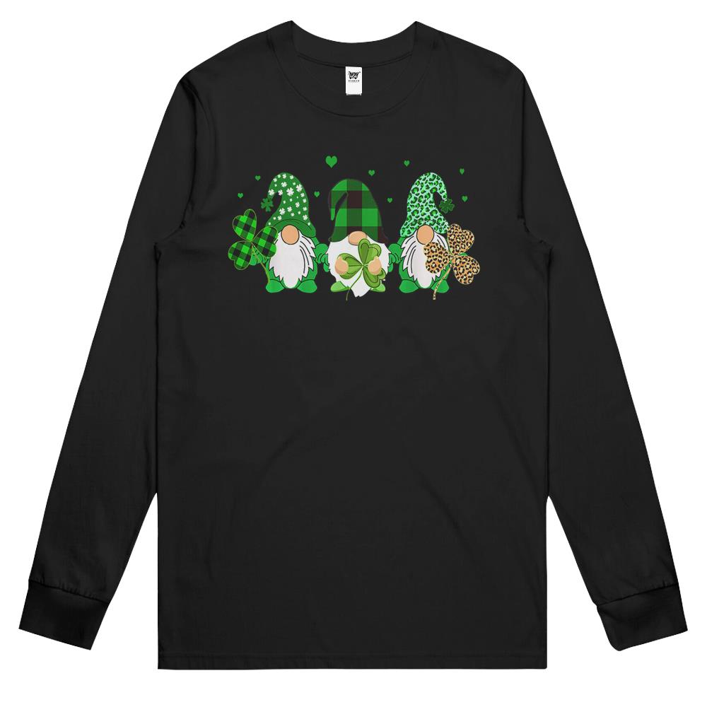 Three Gnomes Holding Shamrock Leopard Plaid St Patrick’S Day Long Sleeve T Shirts