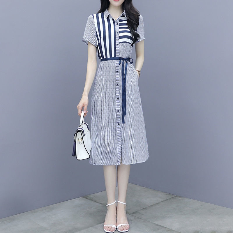 Summmer Woman Chiffon Lanon Knee-length Turn-down Collar Striped Print New Fashion Belt Button Short Sleeves Dresses Female alx