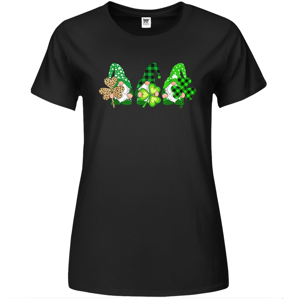 Three Gnomes Holding Shamrock Plaid Leopard St Patrick’S Day Premium Womens T Shirts